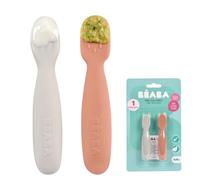 BEABA, Set di 2 cucchiai per bambini della prima età, Cucchiaini in silicone, Posate per bambini, Da 4 mesi, Forma ergonomica, Diverse consistenze, Impugnatura ergonomica, Terracotta/grigio velluto