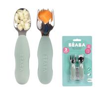 BEABA, Set di 2 posate in acciaio inox e silicone, Posate per bambini, Posate per bambini, A partire da 10 mesi, Forma ergonomica, Impugnatura ergonomica, Posate per l'apprendimento, Verde salvia