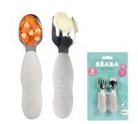 BEABA, Set di 2 posate in acciaio inox e silicone, Posate per bambini, Posate per bambini, A partire da 10 mesi, Forma ergonomica, Impugnatura ergonomica, Posate per l'apprendimento, Grigio velluto