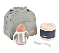 BÉABA, Set di pasti per bambini da viaggio, composto da borsa termica e contenitore in acciaio inox con cannuccia in silicone, Rosa Antico