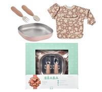 BÉABA Set Pappa Bebè - Regalo Nascita Completo da 4 Mesi, Piatti Inox Microonde, Posate Ergonomiche, Bavaglino a Maniche, Scatola Ricordo, Materiali Sani e Duraturi - Savannah Bloom