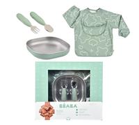 BÉABA Set Pappa Bebè - Regalo Nascita Completo da 4 Mesi, Piatti Inox Microonde, Posate Ergonomiche, Bavaglino a Maniche, Scatola Ricordo, Materiali Sani e Duraturi - Verde Salvia