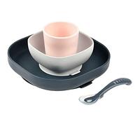 BÉABA - Set Pappa in Silicone, 4 Pezzi : Piatto + Scodella + Ciotola + Cucchiaino Svezzamento, Antiscivolo : con Ventosa, per Bambini e Neonato, Night Blue