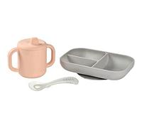 Béaba, Set Pasti per Bambini in Silicone, 3 Pezzi, Piatto Diviso + Tazza + Cucchiaio, Silicone Sano e Durevole, Lavabile in Lavastoviglie, Adatto a Microonde, Rosa