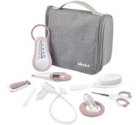 BÉABA - Set per la Cura del Bambino, Kit Completo de 9 Accessori: Termometro da Bagno Digitale, Aspiratore nasale, Massaggiatore di Gengive, Borsa da Toilette da Viaggio, Old Pink