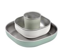 BEABA, Set Svezzamento Per La Pappa, Acciaio Inox, 3 Pezzi, Bicchiere + 2 Piatti, Lavabile In Microonde, Lavastoviglie, Robusto, Leggero, Infrangibile, Antiscivolo Coperchio In Silicone, Verde Salvia