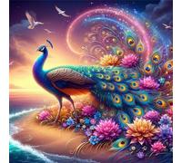 Beach Animals Diamond Painting Kit for Adults,5D Round Full Drill Peacock Flowers Diamond Art Kits,DIY Crystal Embroidery Gem Art Picture Craft for Living Room Home Decor 100x100 cm