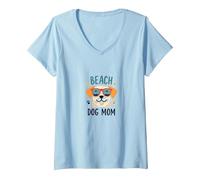 Beach Dog Mom: Carino Estate Cucciolo in Sfumature Maglietta con Collo a V, Donna, Celeste, L