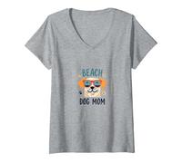 Beach Dog Mom: Carino Estate Cucciolo in Sfumature Maglietta con Collo a V, Donna, Grigio Melange, L