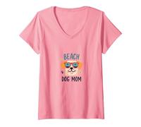 Beach Dog Mom: Carino Estate Cucciolo in Sfumature Maglietta con Collo a V, Donna, Rosa, L