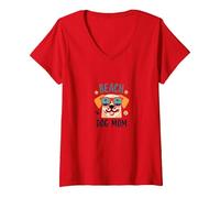 Beach Dog Mom: Carino Estate Cucciolo in Sfumature Maglietta con Collo a V, Donna, Rosso, S