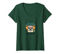 Beach Dog Mom: Carino Estate Cucciolo in Sfumature Maglietta con Collo a V, Donna, Verde Foresta, L