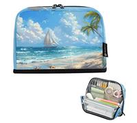 Beach Palm Trees Sail Ship Blue Pencil Storage Bag Matite Pouch Zipper Pencil Case Big Girls Classroom Pen Pouch Colori Cancelleria Bambini Rientro a Scuola Forniture