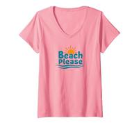 Beach Please: Soleggiate Vibrazioni costiere per Gli Amanti dell'Estate Maglietta con Collo a V, Donna, Rosa, L