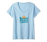 Beach Please: Soleggiate Vibrazioni costiere per Gli Amanti dell'Estate Maglietta con Collo a V, Donna, Celeste, XL
