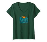 Beach Please: Soleggiate Vibrazioni costiere per Gli Amanti dell'Estate Maglietta con Collo a V, Donna, Verde Foresta, S