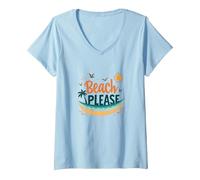 Beach Please: Tropical Summer Vibes Grafica, hawaiani Maglietta con Collo a V, Donna, Celeste, L
