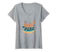 Beach Please: Tropical Summer Vibes Grafica, hawaiani Maglietta con Collo a V, Donna, Grigio Melange, L