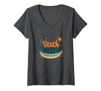 Beach Please: Tropical Summer Vibes Grafica, hawaiani Maglietta con Collo a V, Donna, Grigio Scuro, XXL