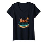 Beach Please: Tropical Summer Vibes Grafica, hawaiani Maglietta con Collo a V, Donna, Nero, L