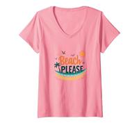 Beach Please: Tropical Summer Vibes Grafica, hawaiani Maglietta con Collo a V, Donna, Rosa, M