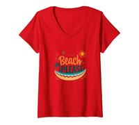 Beach Please: Tropical Summer Vibes Grafica, hawaiani Maglietta con Collo a V, Donna, Rosso, M