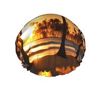 Beach Sunrise e palme retroilluminate doppio strato cappello da bagno per le donne per coprire capelli lunghi e spessi, cofano impermeabile riutilizzabile