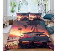 beach van sunsetcopripiumino microfibra morbida 3 Pezzi stampa di 3D con cerniera vintage surf style art Set Di Copripiumino con federe per cuscini traspirante for adulti Super king（260x220cm）