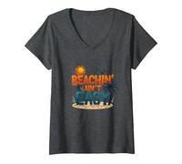 Beachin' Ain't Easy - Summer Fun Tropical Vacation Citazione Maglietta con Collo a V, Donna, Grigio Scuro, XL