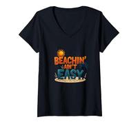 Beachin' Ain't Easy - Summer Fun Tropical Vacation Citazione Maglietta con Collo a V, Donna, Nero, XXL