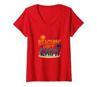 Beachin' Ain't Easy - Summer Fun Tropical Vacation Citazione Maglietta con Collo a V, Donna, Rosso, XL