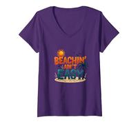 Beachin' Ain't Easy - Summer Fun Tropical Vacation Citazione Maglietta con Collo a V, Donna, Viola, L