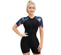 BEACHKINI Costume da Bagno Intero Donna Stampa Maniche Corte con Costumi da Bagno Spiaggia con Cerniera Protezione UV Costumi da Mare Surf da Bagno,86 Fiori Rossi,XL