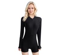 BEACHKINI Costume Intero da Donna Costume da Bagno a Maniche Lunghe con Zip Frontale Costume da Bagno a Triangolo,69 Grigio Nero,L
