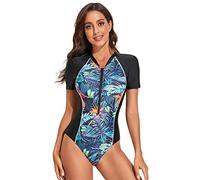 BEACHKINI Costume Intero per Donna Costume da Bagno a Triangolo a Maniche Corte con Zip Frontale,56 Nero Blu,M