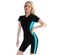 Beachkini Costumi da Bagno Costume da Bagno Intero Boyleg per Donna Costume da Bagno a Maniche Corte con Zip Frontale,62 Blu Nero,4XL