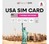 BeachSIM Prepagata Carta SIM USA 6 Giorni. Dati 5G, Chiamate e SMS Illimitati. Rete T-Mobile. Compatibile con iOS e Android
