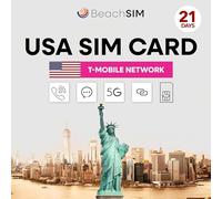 BeachSIM SIM USA 21 Giorni, T-Mobile, Dati Illimitati, Chiamate e SMS | Dati Illimitati 4G/5G ● Rete T-Mobile ● Chiamate e SMS Illimitati negli USA ● Numero USA +1 ● SIM Standard, Micro e Nano
