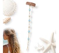 Beachy Mermaid Hair Accent with Starfish & Shell Charms - Hidden Comb Clip 15.6" Blue Bead Hair Chain for Women Summer Vacation Boho Wedding Styling (1PC)