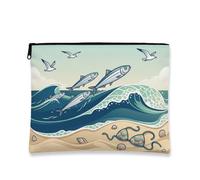 Beachy - Trousse per cosmetici retrò, con stampa di pesci e onde oceaniche, da donna, piccola borsa portatile con cerniera, borsa da toilette estiva per la cura della pelle, Blu, 7x9 Inch, Pesce