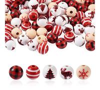 Beadthoven - 100 perline di legno di Natale con 5 fori grandi, con albero di Natale, alce, fiocco di neve, motivo tartan, per ghirlanda fai da te, artigianato, decorazione della casa, 4 mm