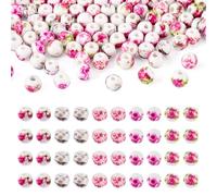 Beadthoven - 100 perline rotonde in porcellana da 6 mm, con stampa floreale rosa, perline in ceramica fatte a mano, per fai da te, collane, bracciali, orecchini, braccialetti e gioielli, foro: 2 mm