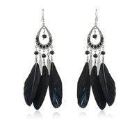 Beadthoven - 2 paia di orecchini pendenti a forma di piuma, stile bohémien, etnici, con piume, pendenti a goccia, Zinco