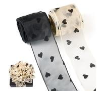 Beadthoven - 2 rotoli di nastro in poliestere da 60 mm di nastro in chiffon di organza floccato a pois e cuori, per fai da te, fai da te, accessori per capelli, decorazione regalo, nero e bianco