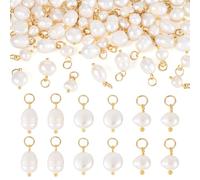 Beadthoven - 60 ciondoli a forma di perla bianca avorio, 3 stili, con anellini aperti in ottone dorato, ciondoli con perle d'acqua dolce naturali a forma di pepita bianca, ovali, per collane