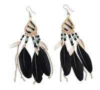 Beadthoven - Orecchini pendenti in stile bohémien, con piume, etnici, con nappe e nappe in lega, per donne e ragazze, colore: bianco e nero, Zinco