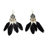 Beadthoven - Orecchini pendenti in stile bohémien, con piume, etnici, con nappe e nappe in lega, per donne e ragazze, colore: bianco e nero, Zinco