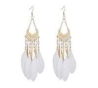 Beadthoven - Orecchini pendenti in stile bohémien, con piume, etnici, con nappe e nappe in lega, per donne e ragazze, colore: bianco e nero, Zinco