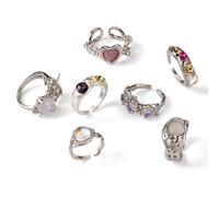 Beadthoven - Set di 7 anelli aperti con strass a forma di cuore, stella, rotondi, con perline a forma di occhio di gatto, vintage, argento anticato, con pietre preziose e cristalli, stile bohémien
