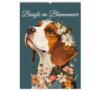 Beagle im Blumenmeer (Wandkalender 2026 DIN A2 hoch), CALVENDO Monatskalender: Durch das Jahr mit lustigen Beagles